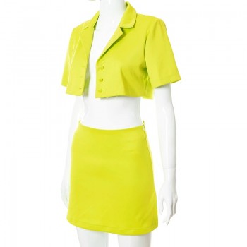 Short Sleeve Crop Top Zipper A-Line Skirt Set Yellow Black